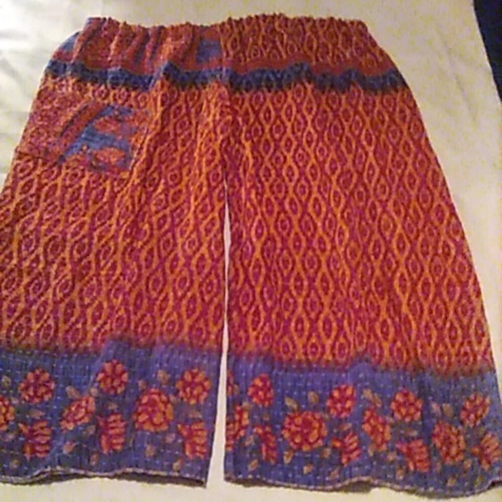 Kantha Palazzo Pants Red Blue Marigold 3X & Under Cotton Handmade in USA Boho